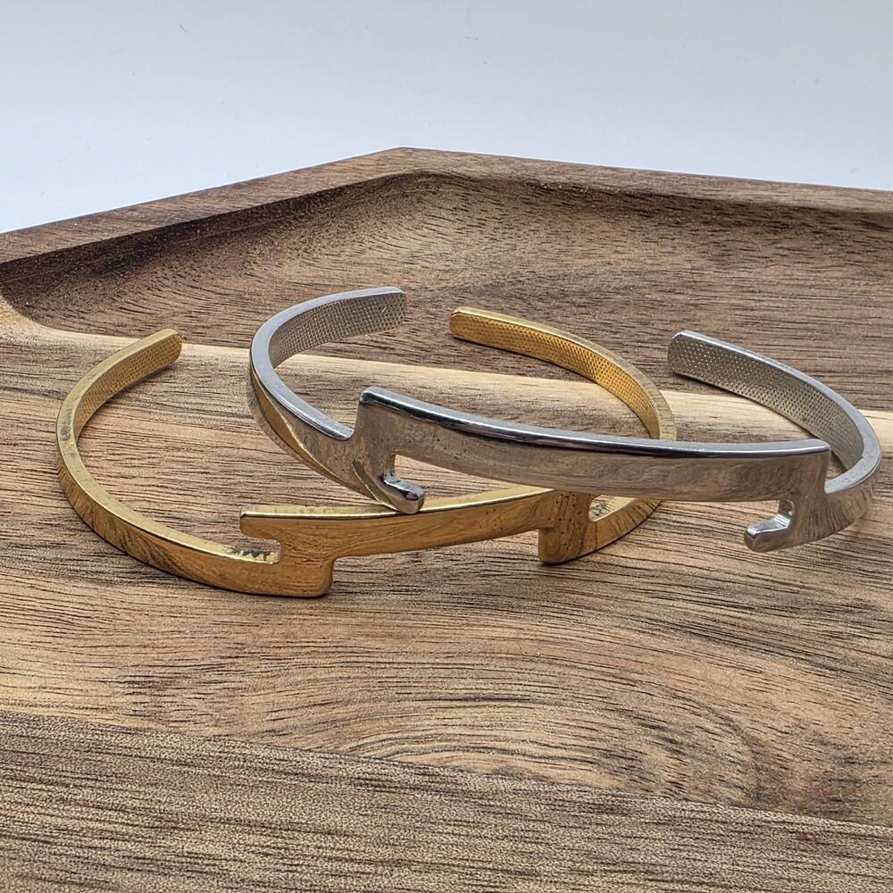 Vintage Avon Two Tone Hook Clasp Cuff Bracelet Gold Silver Unisex Minimalist
